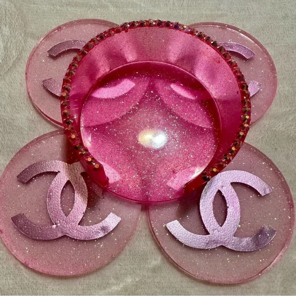 Pink Glitter Resin Coasters / Circle Shapes Handmade Resin. Ch= Monogr…